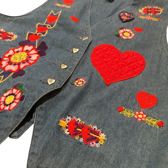 Vintage Denim Vest Embroidered Hearts Flowers Boho‎ Retro Cottagecore Festival M - Picture 4 of 6